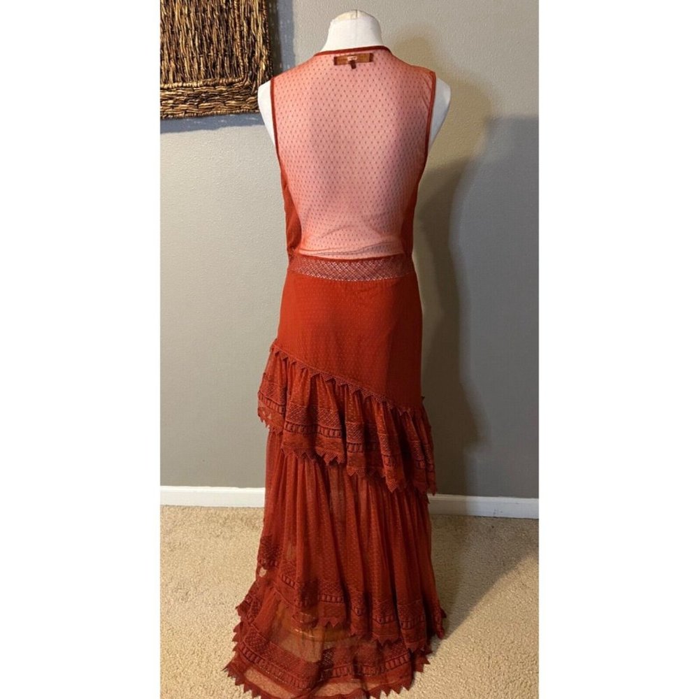 House of Harlow Sheer Tiered Maxi Dress M Medium Burnt Orange Festival - Picture 3 of 15